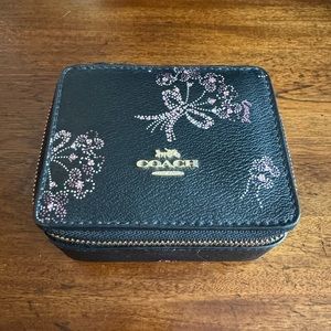 Coach Travel Jewelry Case Black Leather with Floral Pattern & Gold Hardware
